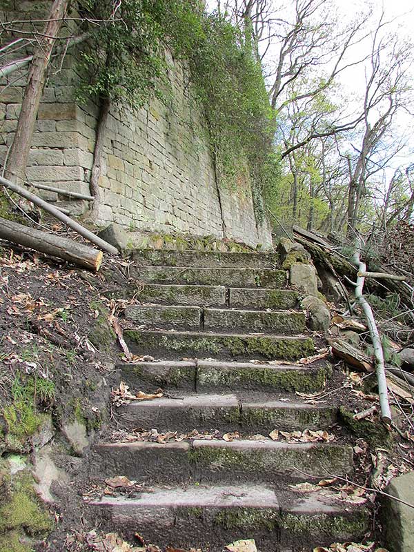 Treppen führen in den Wolf’schen Anlagen zur Aussichtsterrasse, auf der das 1962 abgebrannte hölzerne Schweizerhaus stand. Der Pavillon wurde wechselnd als Wochenendhaus, Militärunterkunft, Notwohnung und als Café genutzt. Foto: Hünerfauth